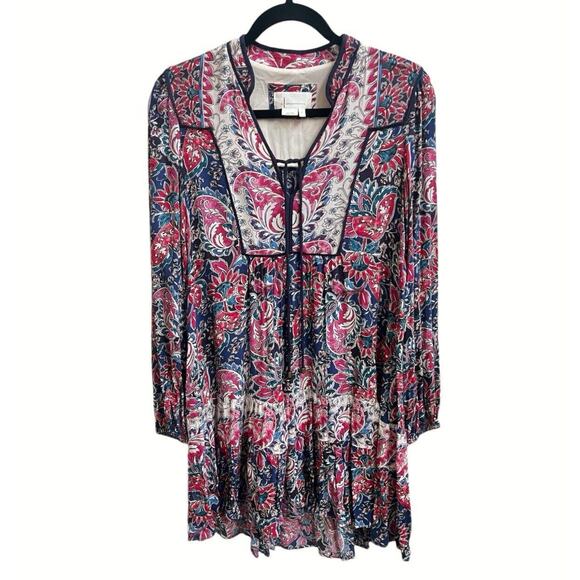by Anthropologie Sz S Spliced Tunic Dress Swing Flowy Folk Bold Boho Hi Lo - Picture 2 of 7